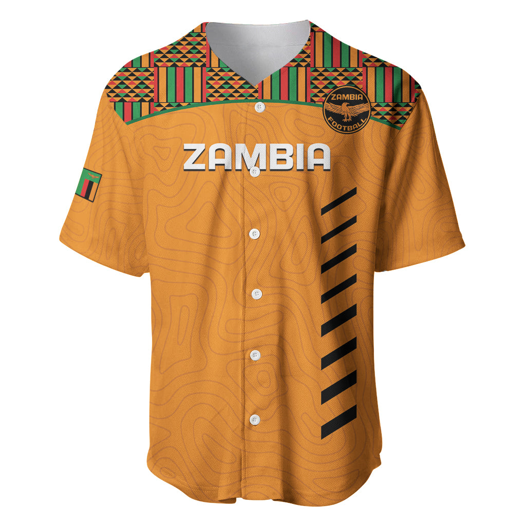 Orange football jersey with Kente-pattern yoke, button front, ZAMBIA text, team crest