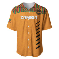 Orange football jersey with Kente-pattern yoke, button front, ZAMBIA text, team crest