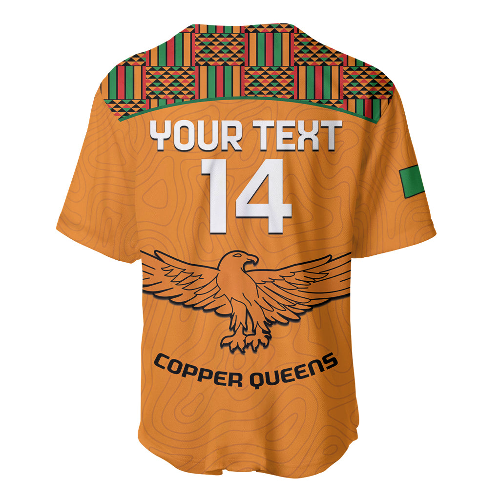 Orange jersey back with Kente yoke, custom text, number 14, Copper Queens lettering