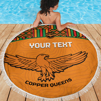 Orange round beach blanket with fringe, Kente band, eagle emblem and 'YOUR TEXT'