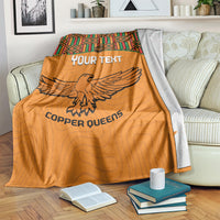 Orange football blanket with Kente-style patch panel, eagle graphic, and Custom text