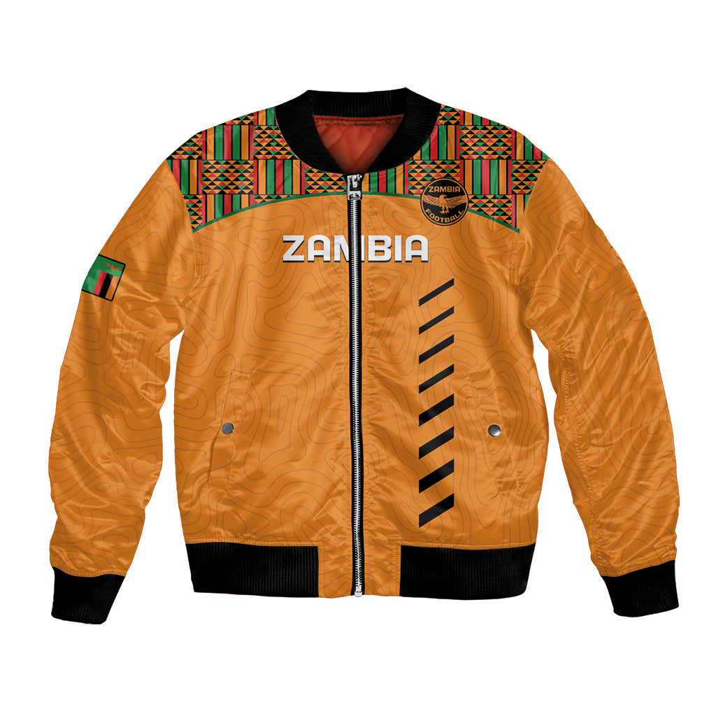 Orange football bomber jacket with full zip, black ribbing, kente trim yoke