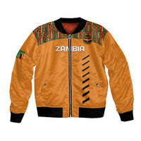 Orange football bomber jacket with full zip, black ribbing, kente trim yoke