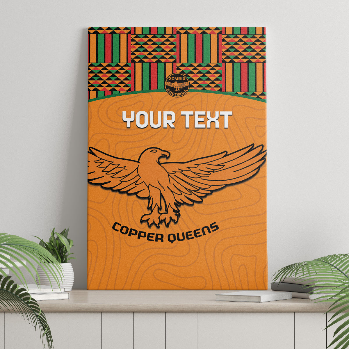 Orange football canvas wall art with kente header, eagle graphic, YOUR TEXT, Copper Queens