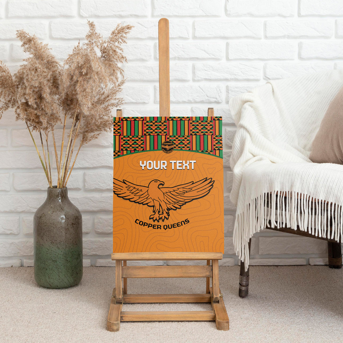 Orange football canvas wall art on wooden easel, kente top, eagle and Copper Queens