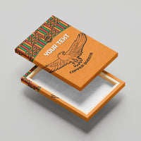 Orange football canvas wall art on wooden stand, kente top, eagle graphic, Copper Queens