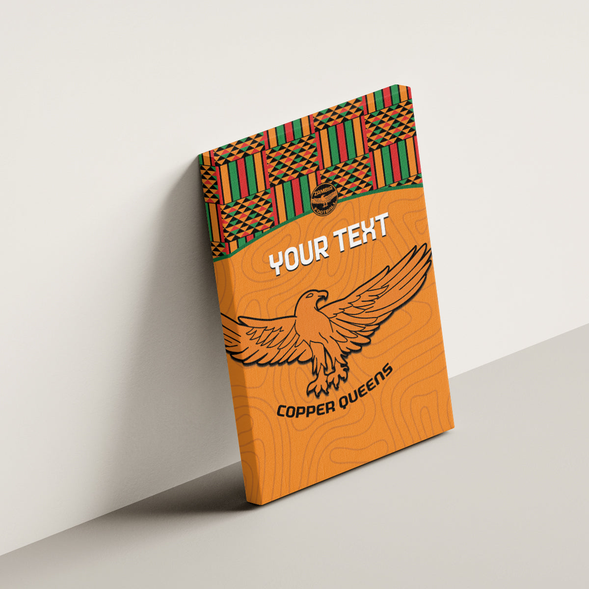 Orange football canvas wall art with kente pattern, eagle and Copper Queens, YOUR TEXT