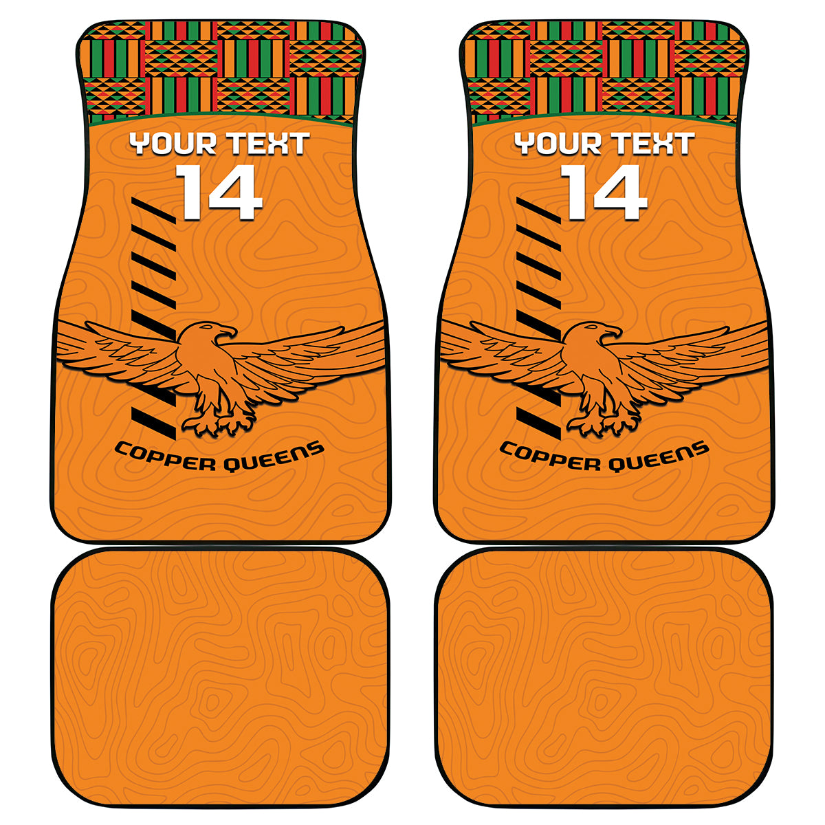 Set of 4 orange car mats with Kente trim, eagle graphic, 'YOUR TEXT 14' and 'COPPER QUEENS'.