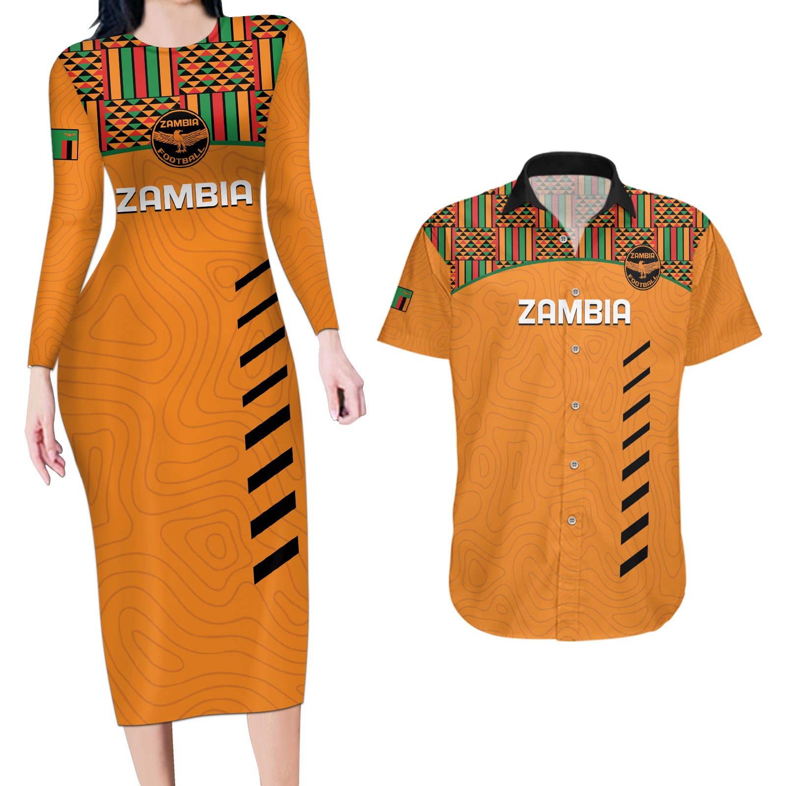 Custom Zambia Football Couples Matching Long Sleeve Bodycon Dress and Hawaiian Shirt Copper Queens Kente Pattern - Wonder Print Shop