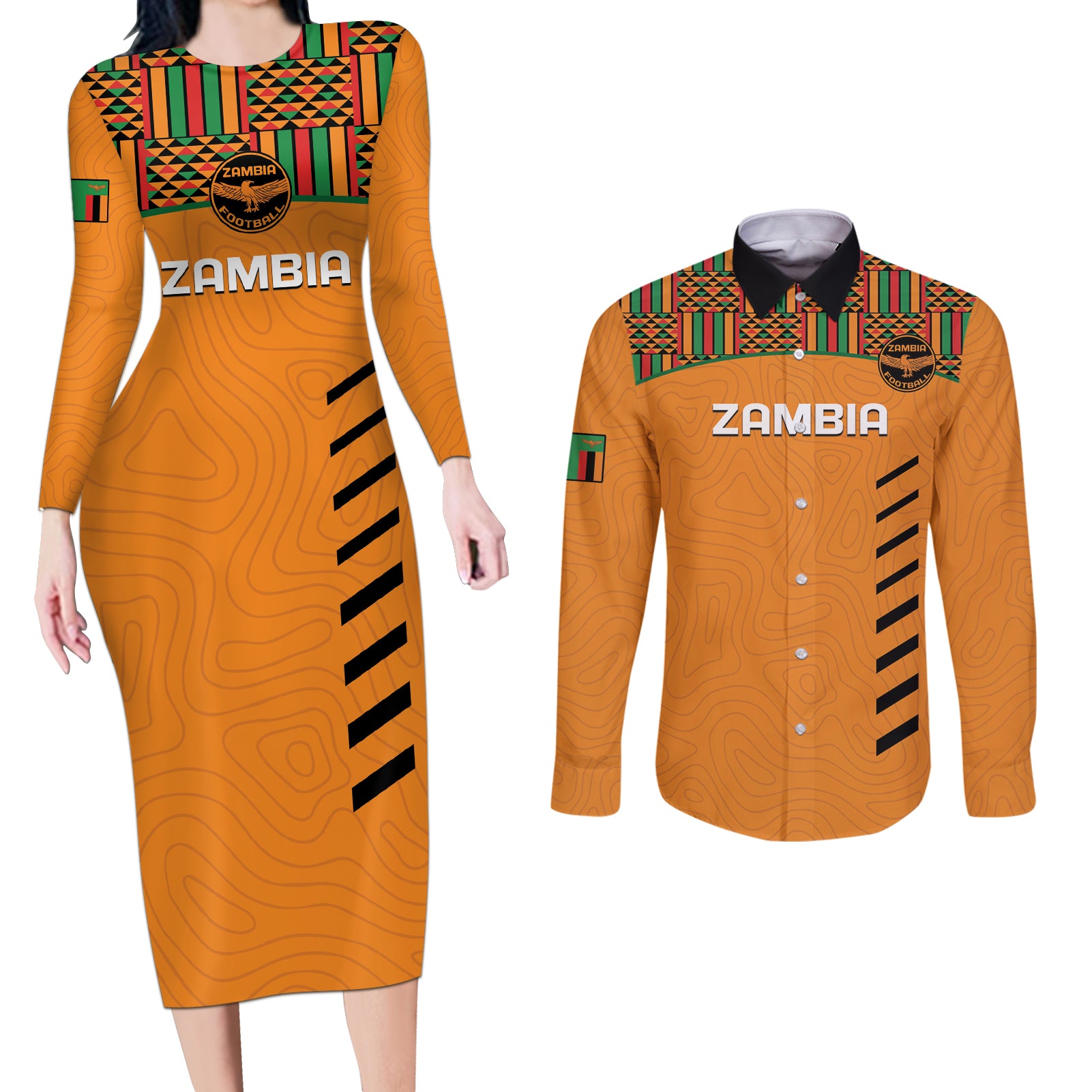 Custom Zambia Football Couples Matching Long Sleeve Bodycon Dress and Long Sleeve Button Shirt Copper Queens Kente Pattern - Wonder Print Shop