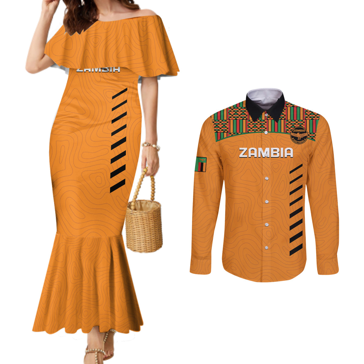 Custom Zambia Football Couples Matching Mermaid Dress and Long Sleeve Button Shirt Copper Queens Kente Pattern