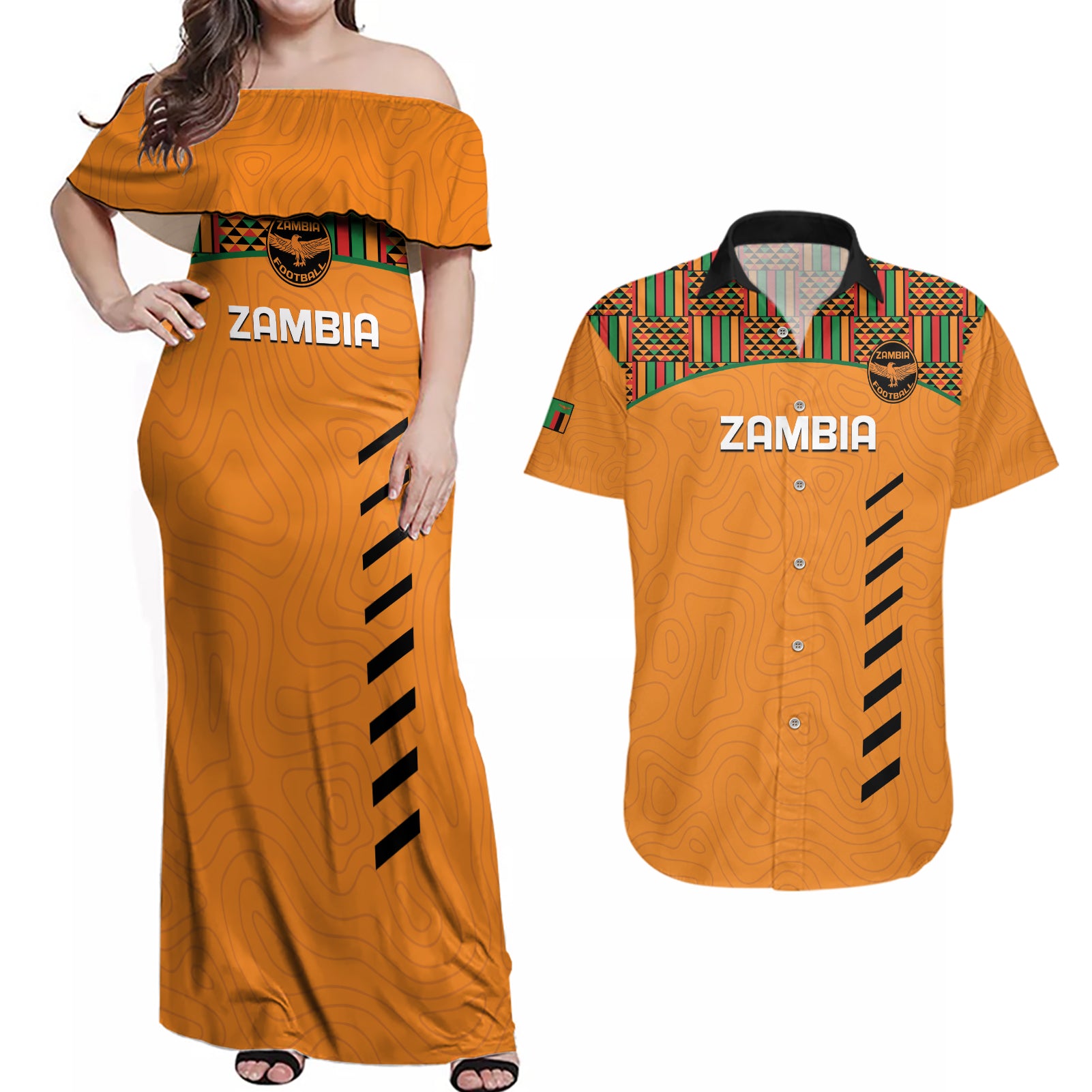 Custom Zambia Football Couples Matching Off Shoulder Maxi Dress and Hawaiian Shirt Copper Queens Kente Pattern - Wonder Print Shop