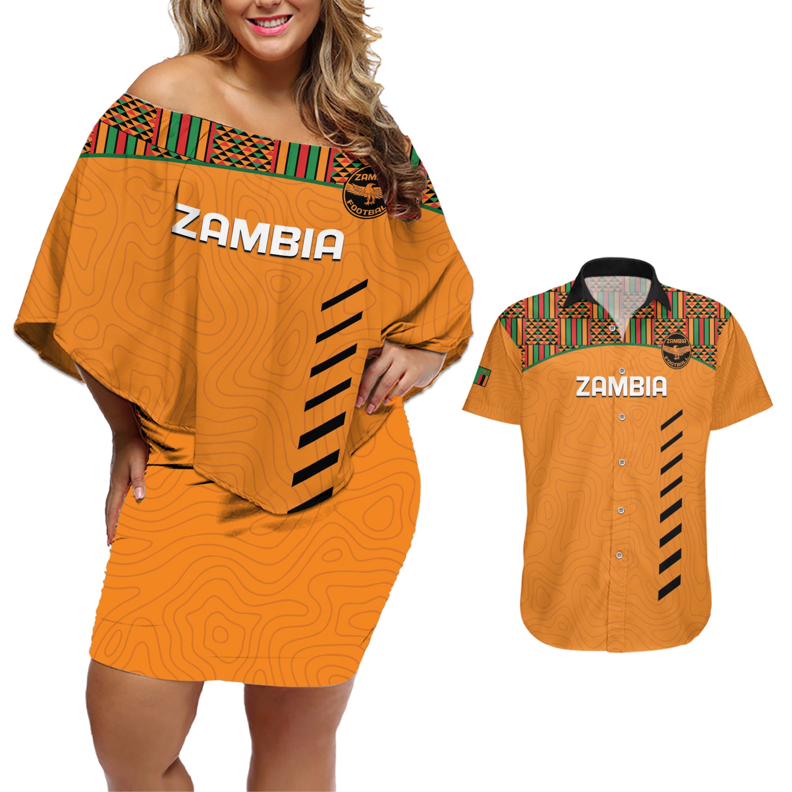 Custom Zambia Football Couples Matching Off Shoulder Short Dress and Hawaiian Shirt Copper Queens Kente Pattern - Wonder Print Shop