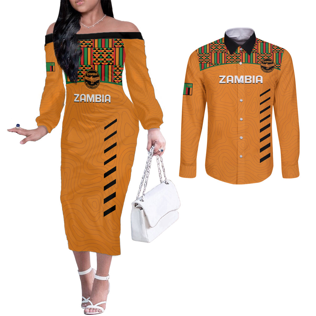 Custom Zambia Football Couples Matching Off The Shoulder Long Sleeve Dress and Long Sleeve Button Shirt Copper Queens Kente Pattern