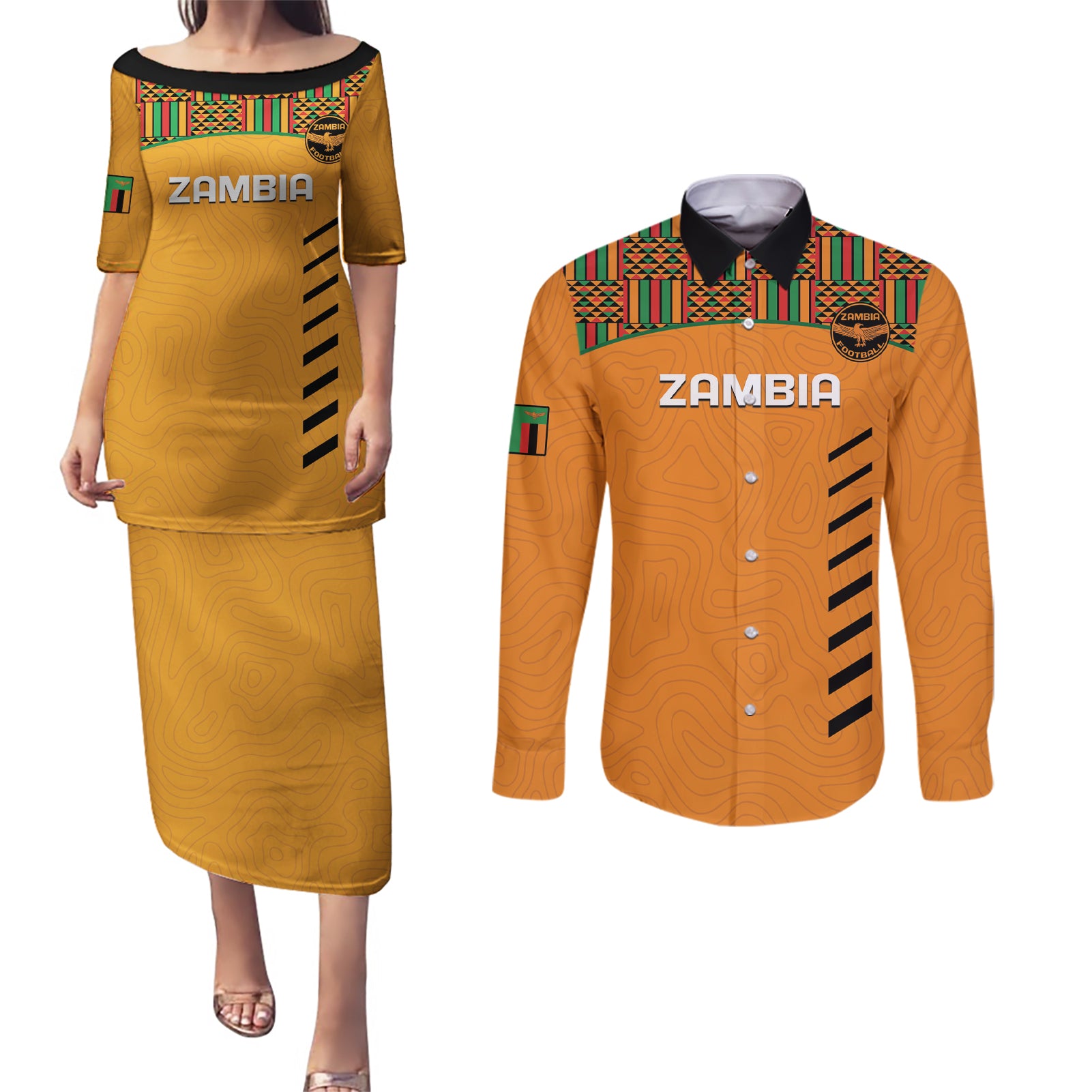 Custom Zambia Football Couples Matching Puletasi and Long Sleeve Button Shirt Copper Queens Kente Pattern - Wonder Print Shop