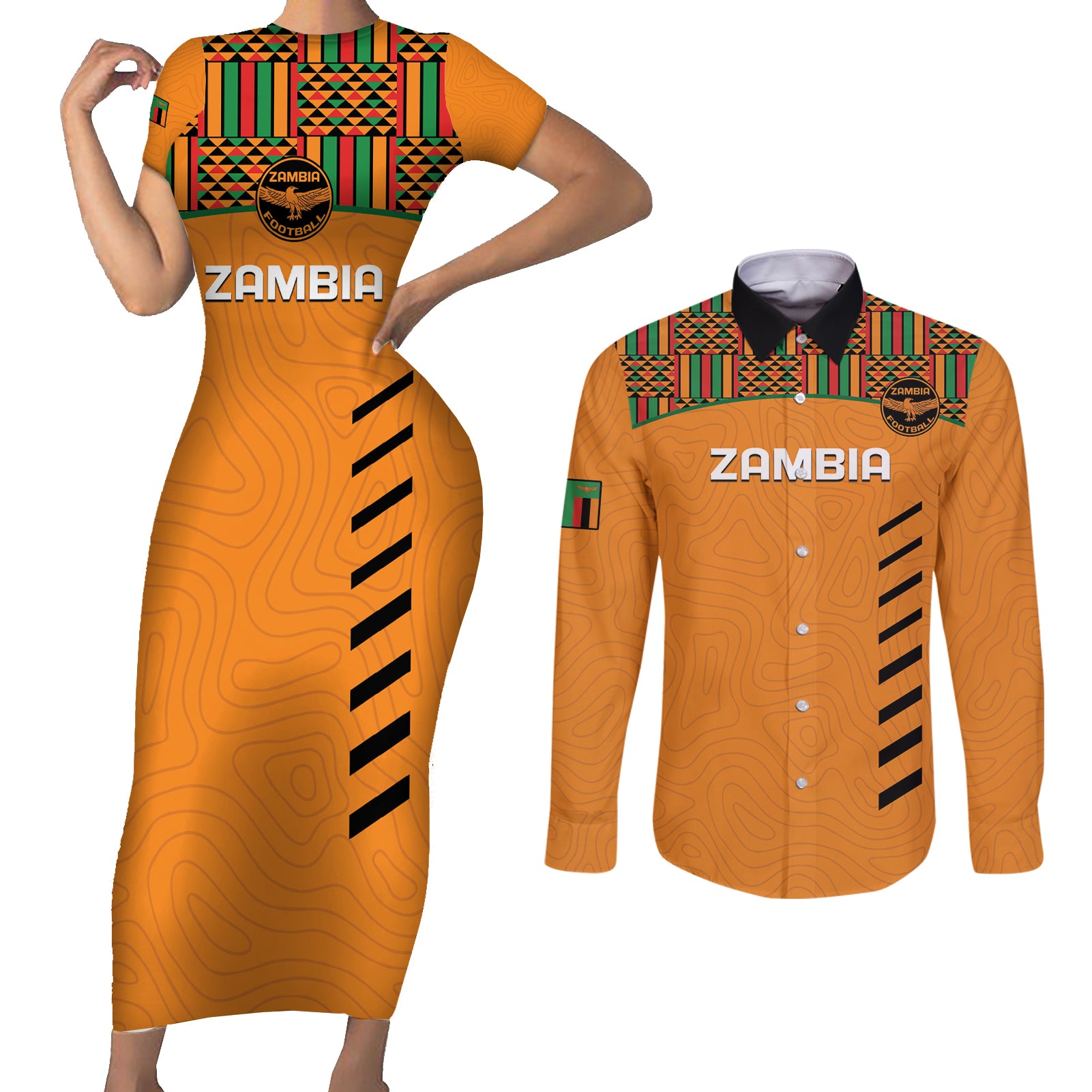 Custom Zambia Football Couples Matching Short Sleeve Bodycon Dress and Long Sleeve Button Shirt Copper Queens Kente Pattern - Wonder Print Shop