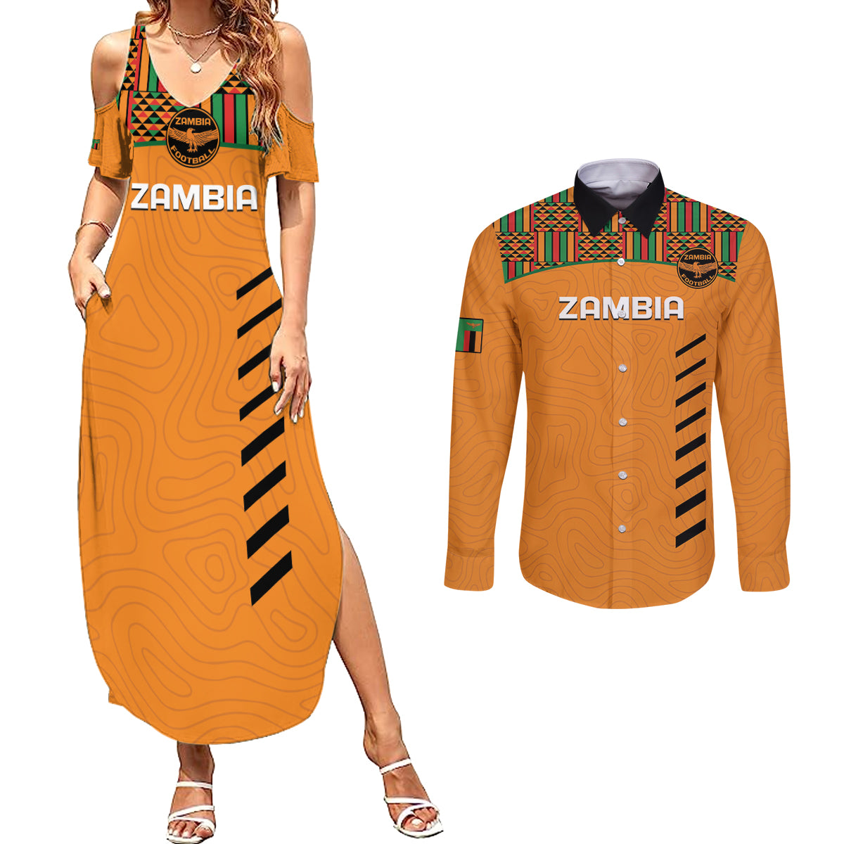 Custom Zambia Football Couples Matching Summer Maxi Dress and Long Sleeve Button Shirt Copper Queens Kente Pattern - Wonder Print Shop