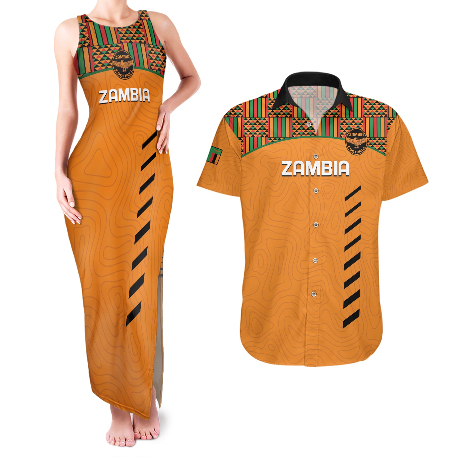 Custom Zambia Football Couples Matching Tank Maxi Dress and Hawaiian Shirt Copper Queens Kente Pattern - Wonder Print Shop