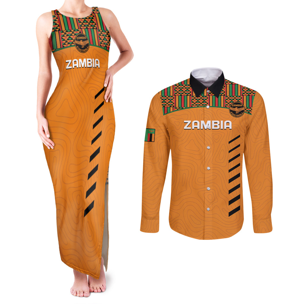 Custom Zambia Football Couples Matching Tank Maxi Dress and Long Sleeve Button Shirt Copper Queens Kente Pattern - Wonder Print Shop