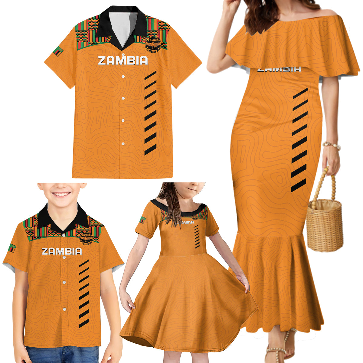 Custom Zambia Football Family Matching Mermaid Dress and Hawaiian Shirt Copper Queens Kente Pattern - Wonder Print Shop