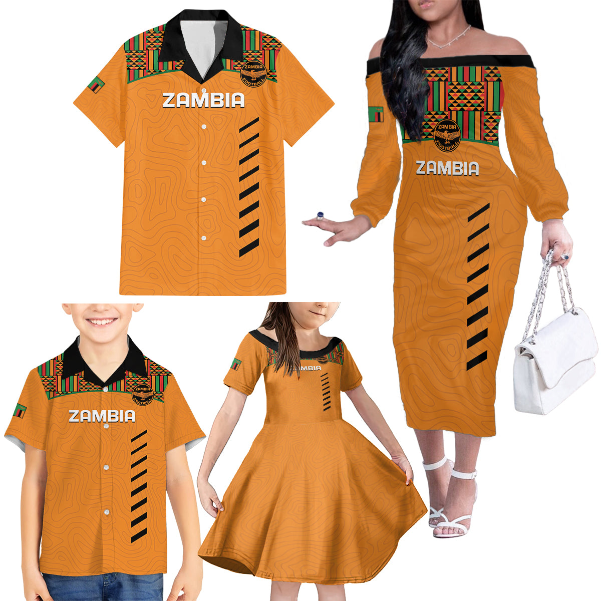 Custom Zambia Football Family Matching Off The Shoulder Long Sleeve Dress and Hawaiian Shirt Copper Queens Kente Pattern - Wonder Print Shop