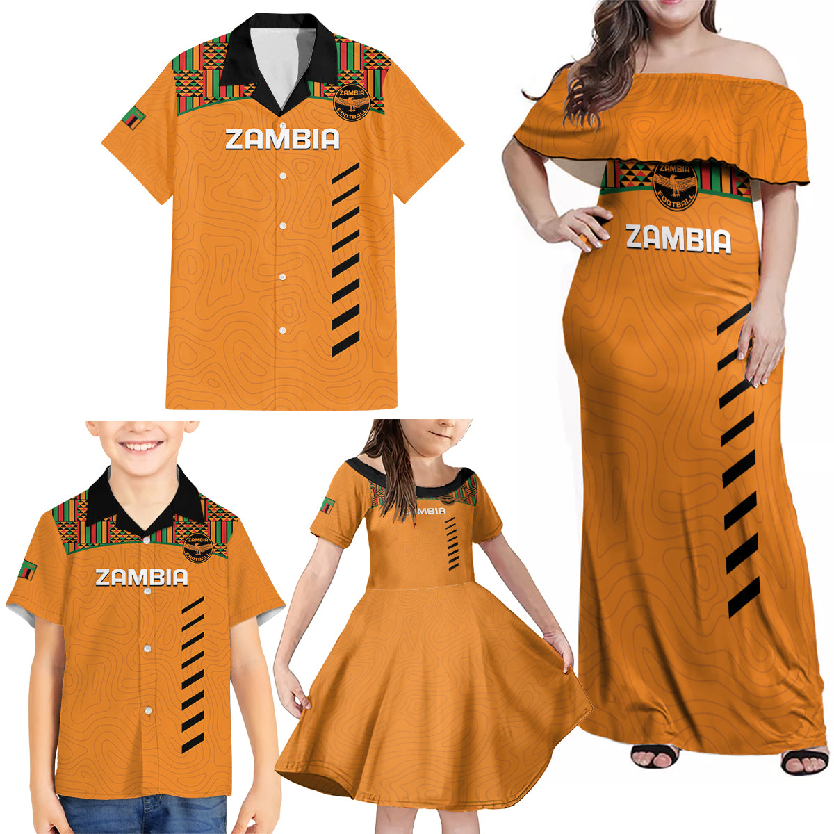 Custom Zambia Football Family Matching Off Shoulder Maxi Dress and Hawaiian Shirt Copper Queens Kente Pattern - Wonder Print Shop