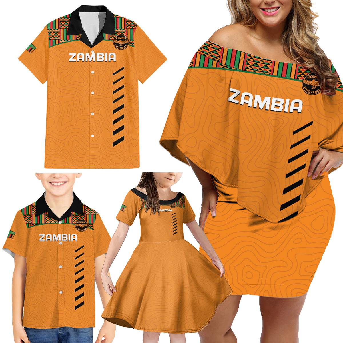 Custom Zambia Football Family Matching Off Shoulder Short Dress and Hawaiian Shirt Copper Queens Kente Pattern - Wonder Print Shop