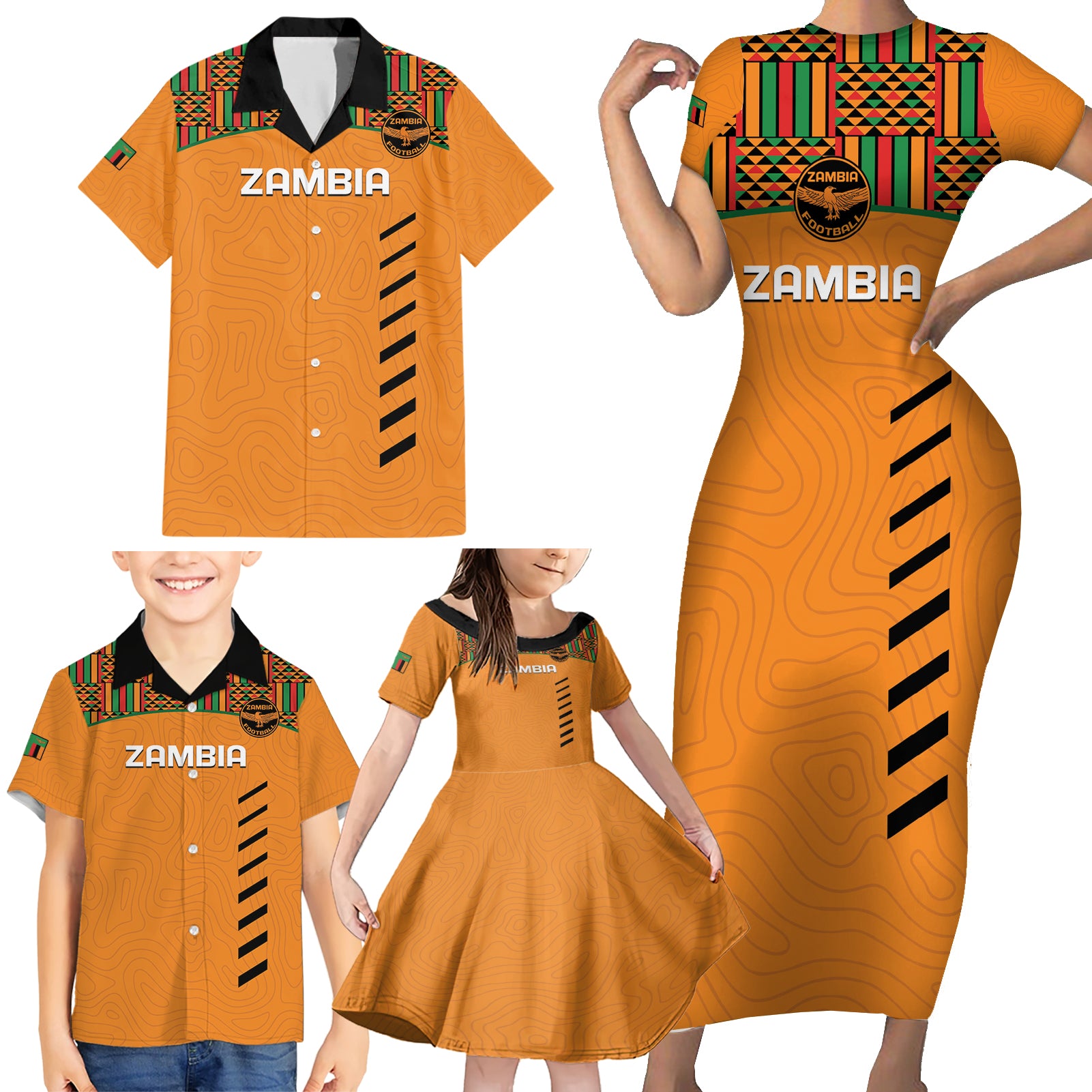 Custom Zambia Football Family Matching Short Sleeve Bodycon Dress and Hawaiian Shirt Copper Queens Kente Pattern - Wonder Print Shop