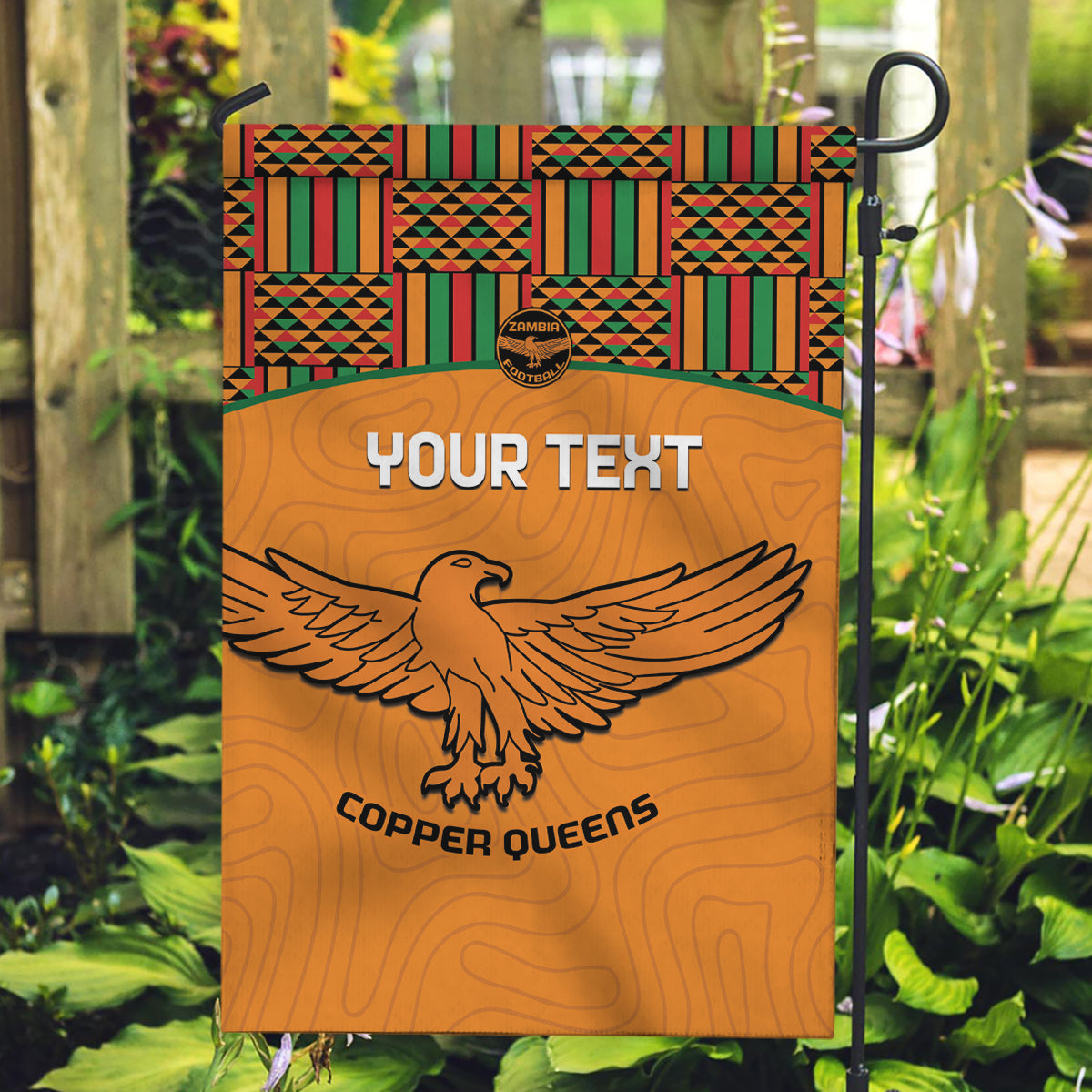 Custom Zambia Football Garden Flag Copper Queens Kente Pattern - Wonder Print Shop