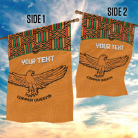 Two-sided orange garden flag showing YOUR TEXT and Copper Queens with Kente top bands