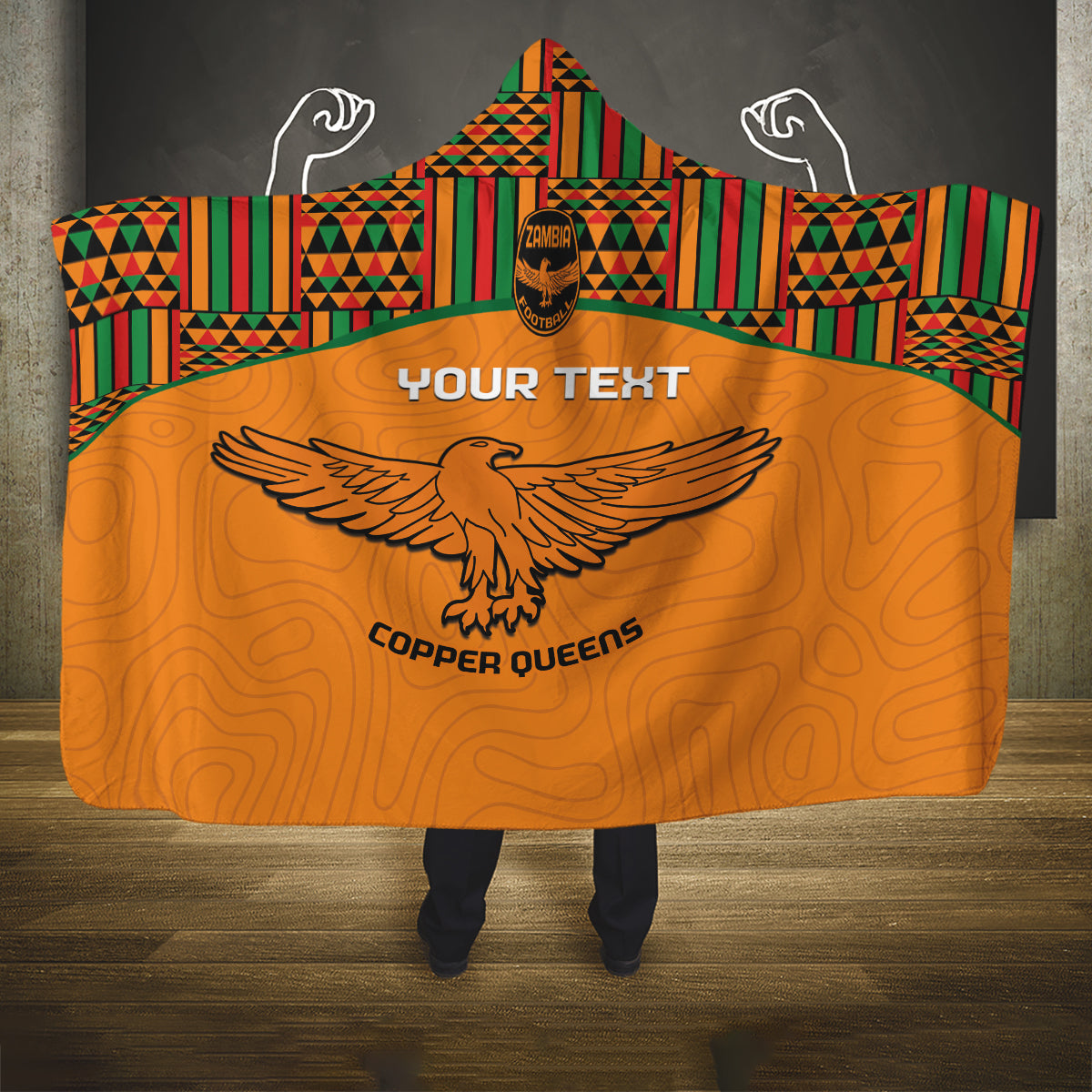 Custom Zambia Football Hooded Blanket Copper Queens Kente Pattern