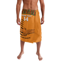 Orange football lavalava skirt with Kente waistband, number 14, and lion emblem