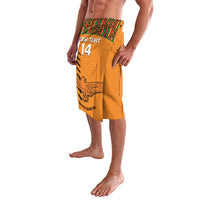 Orange football lavalava skirt with Kente waistband, number 14, and bird logo