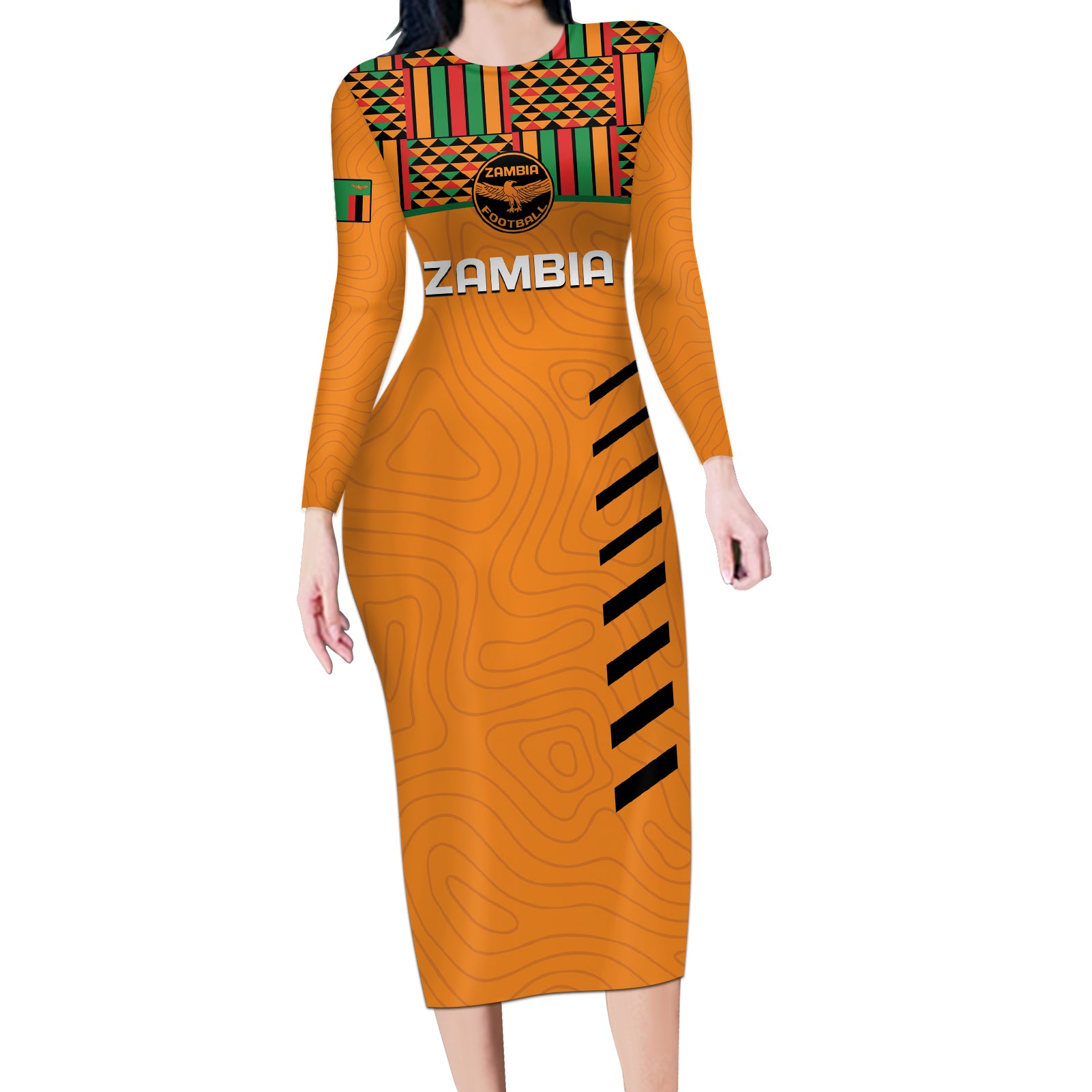 Custom Zambia Football Long Sleeve Bodycon Dress Copper Queens Kente Pattern - Wonder Print Shop