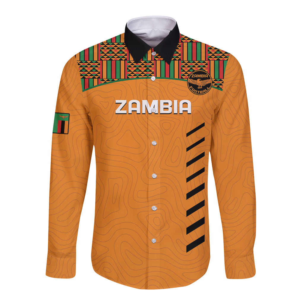Orange long-sleeve football button shirt with black collar, kente panel stripe design