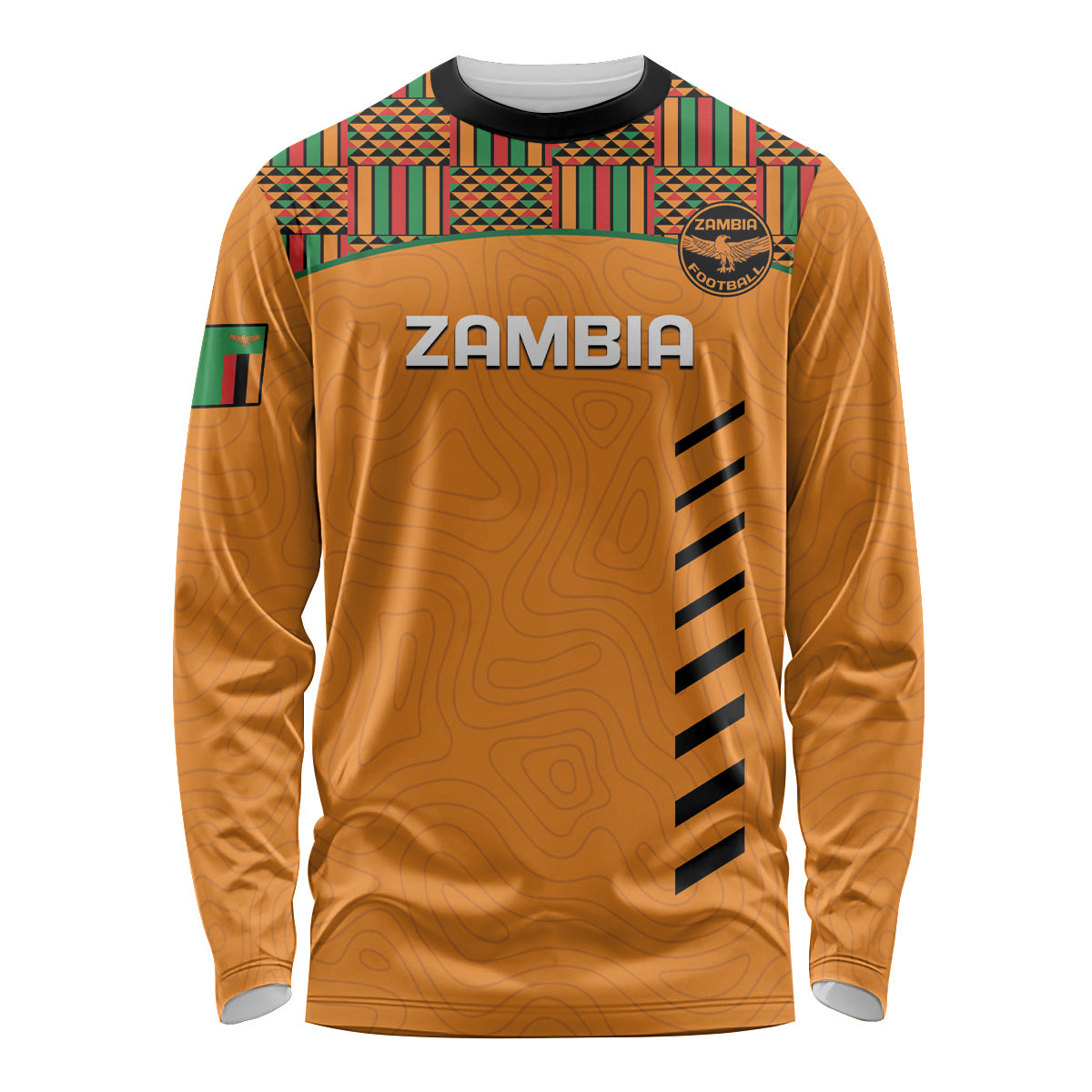Orange long sleeve football jersey with kente trim, Zambia crest on front