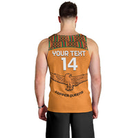Orange football tank top with Kente back yoke, YOUR TEXT 14, Copper Queens print.