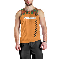 Orange sleeveless football tank top with Kente neckline trim and ZAMBIA logo.