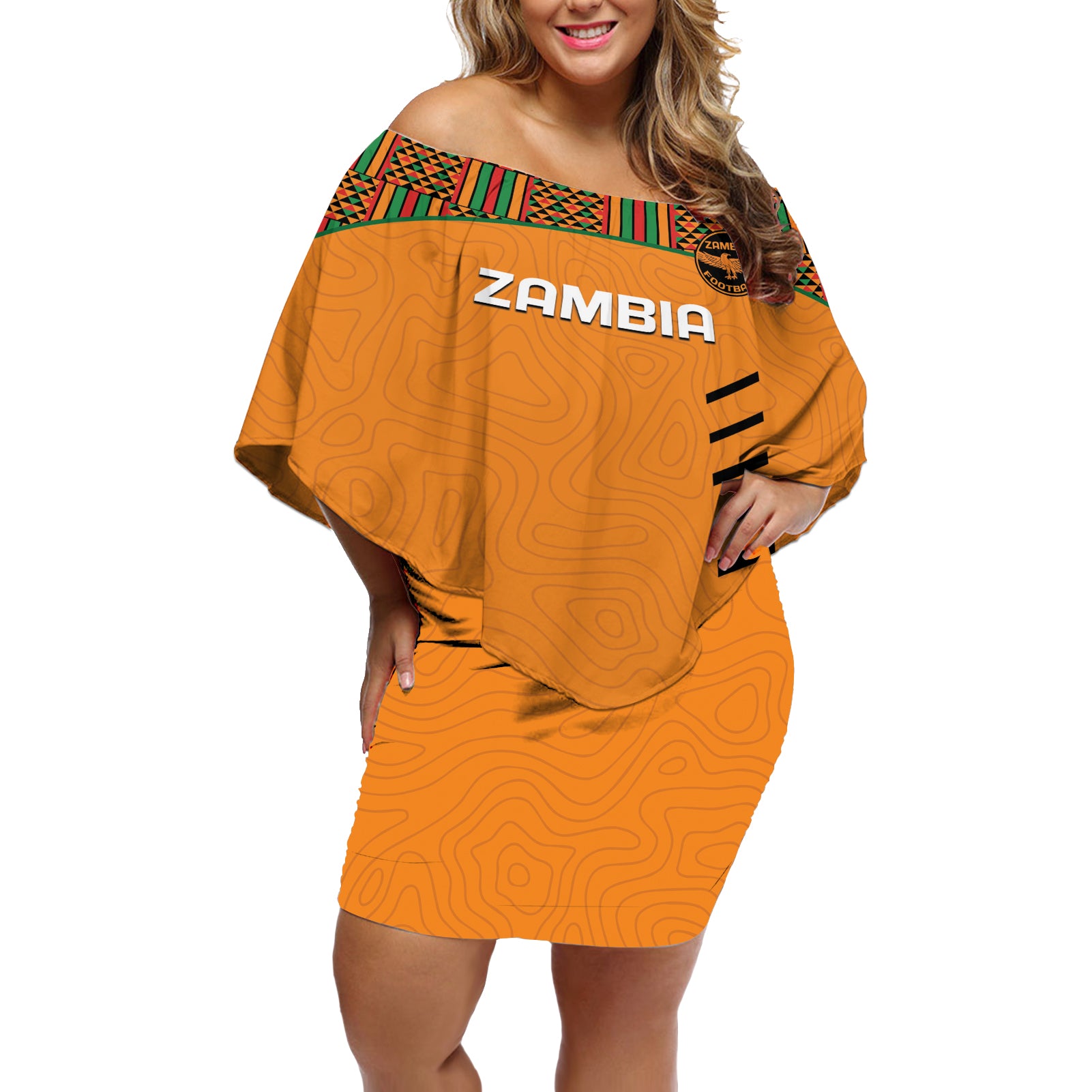 Custom Zambia Football Off Shoulder Short Dress Copper Queens Kente Pattern - Wonder Print Shop