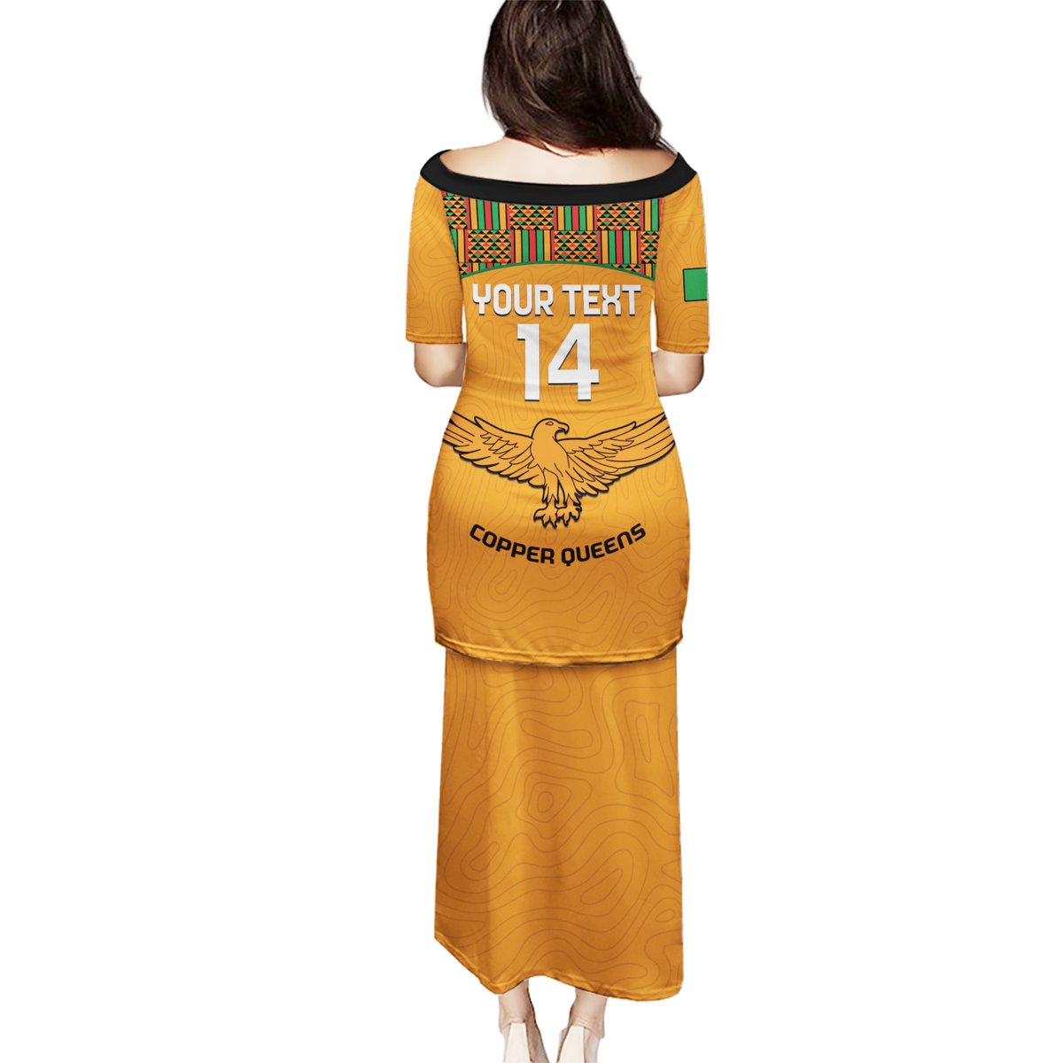 Orange long football dress with kente neckline, number 14 and Copper Queens logo