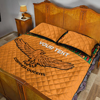 Orange quilt bed set with eagle design and 'YOUR TEXT', Kente border, two matching pillows