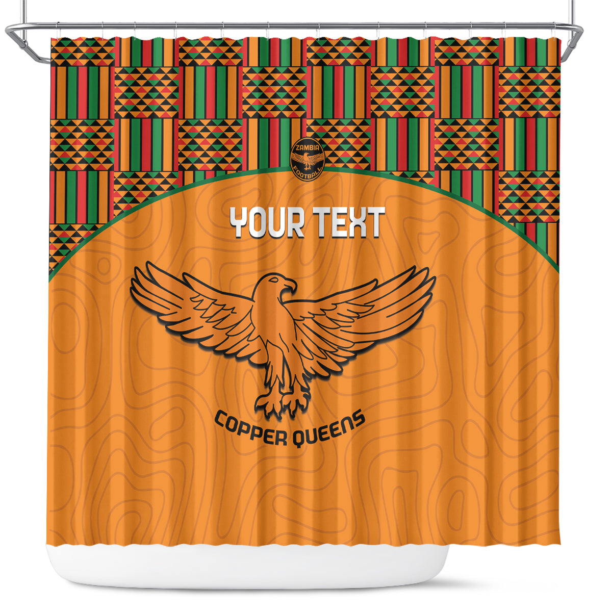Orange football shower curtain with kente geometric band and Copper Queens eagle graphic