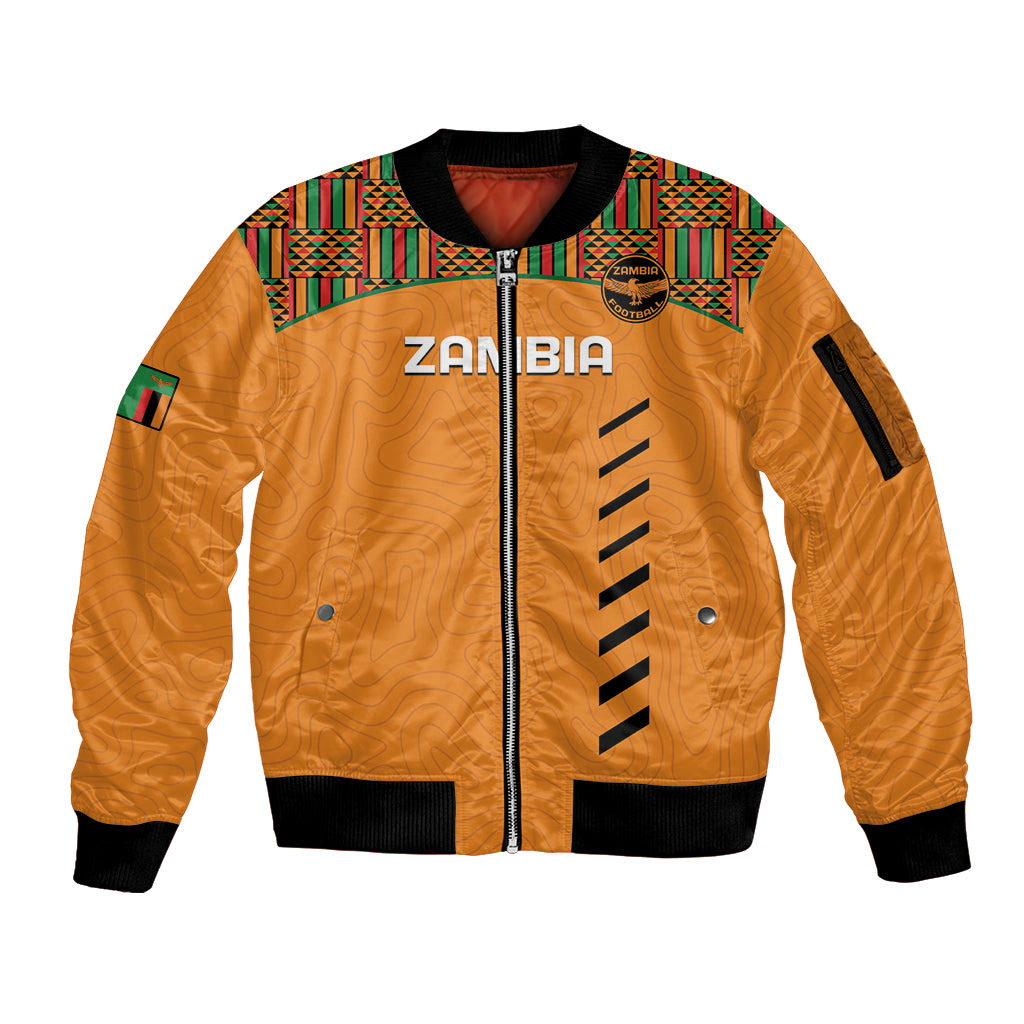 Orange zip-up bomber jacket with Kente patterned yoke and black ribbed cuffs