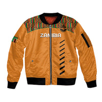 Orange zip-up bomber jacket with Kente patterned yoke and black ribbed cuffs