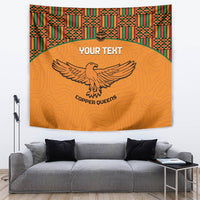 Orange football tapestry with kente-pattern border and eagle graphic, custom text panel