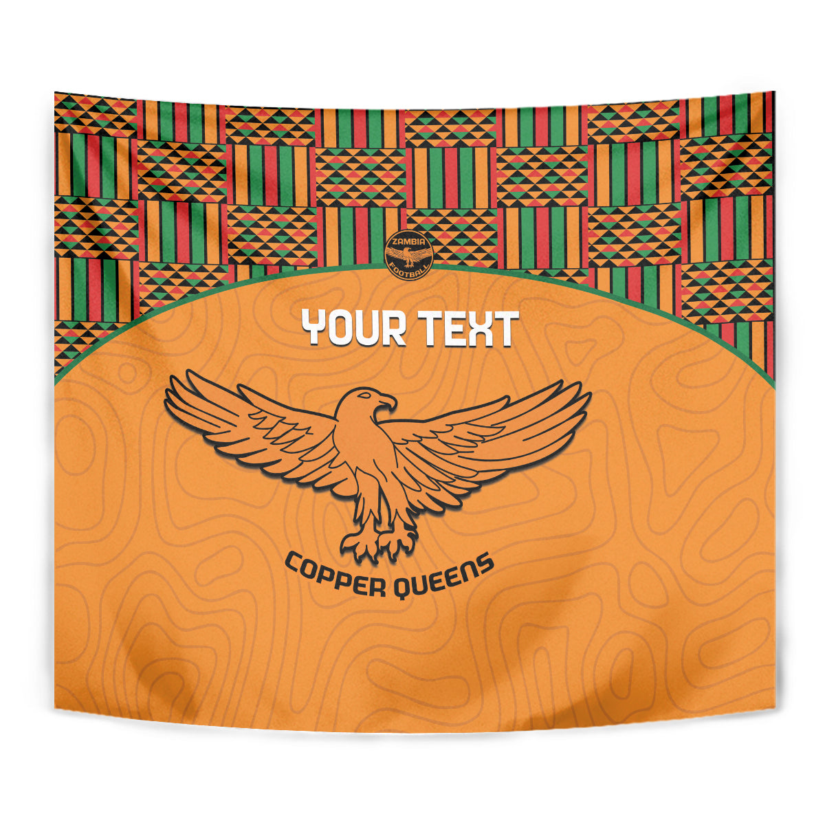 Orange football tapestry close-up with kente header, eagle logo and custom text