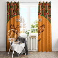 Orange football window curtains with kente header and winged bird emblem
