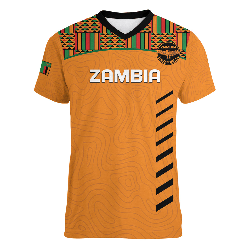 Custom Zambia Football Women V Neck T Shirt Copper Queens Kente Pattern - Wonder Print Shop