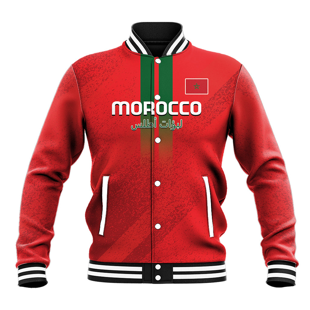 Unisex red baseball jacket with striped collar, snap buttons, 'MOROCCO' front print