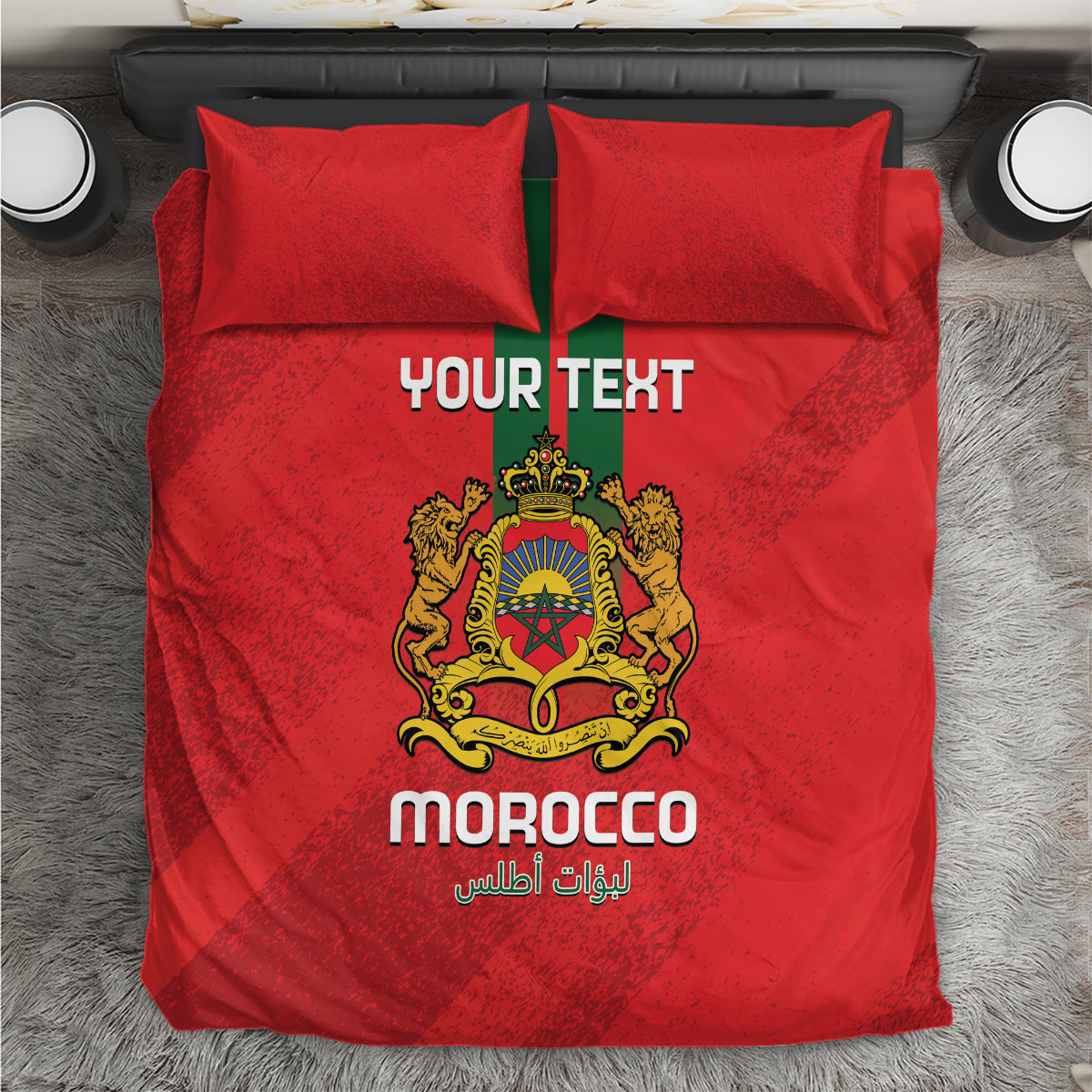 Red Moroccan-themed custom bedding set with front duvet panel and matching pillows